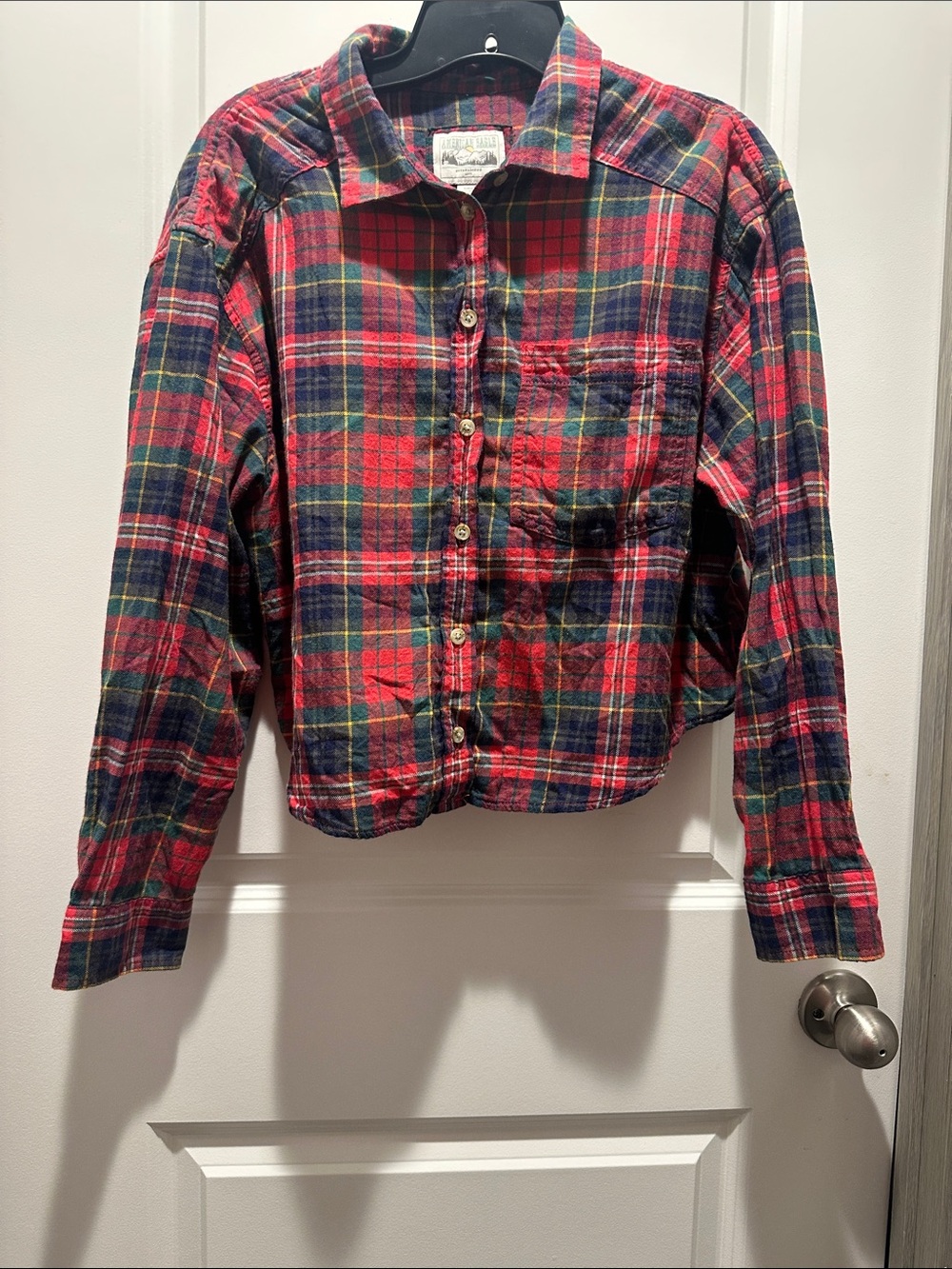 American Eagle Outfitters Red Green Plaid Button-Down Shirt